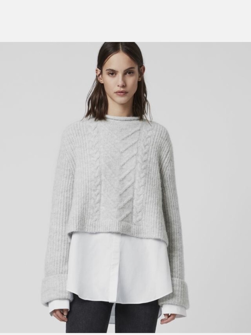 Gray All Saints Light Gray Cropped Cable-Knit Women's Sweater NWT